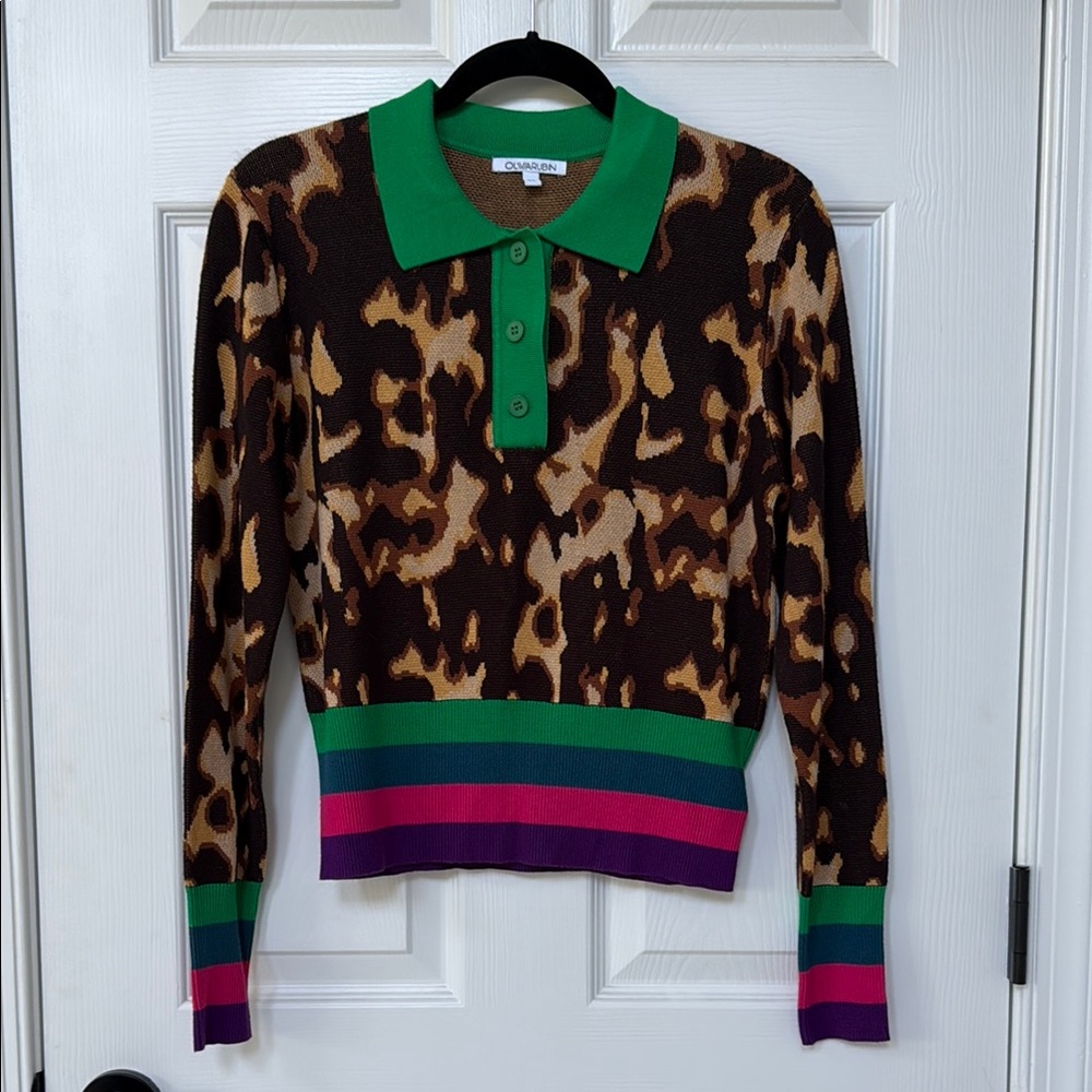 Olivia Rubin Brown Animal Print Sweater with Green Collar